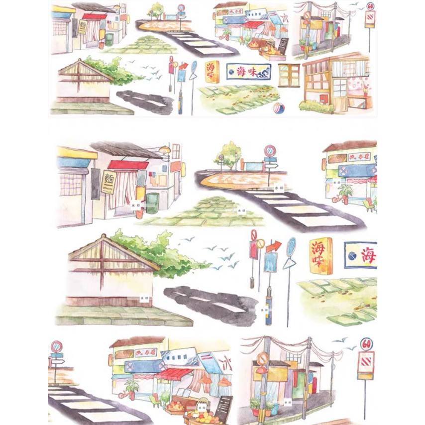 Băng keo dán Washi tape Chủ đề Đường phố và nhà, dùng trang trí sổ, bàn học, sổ tay, chiết theo chu kỳ sản phẩm