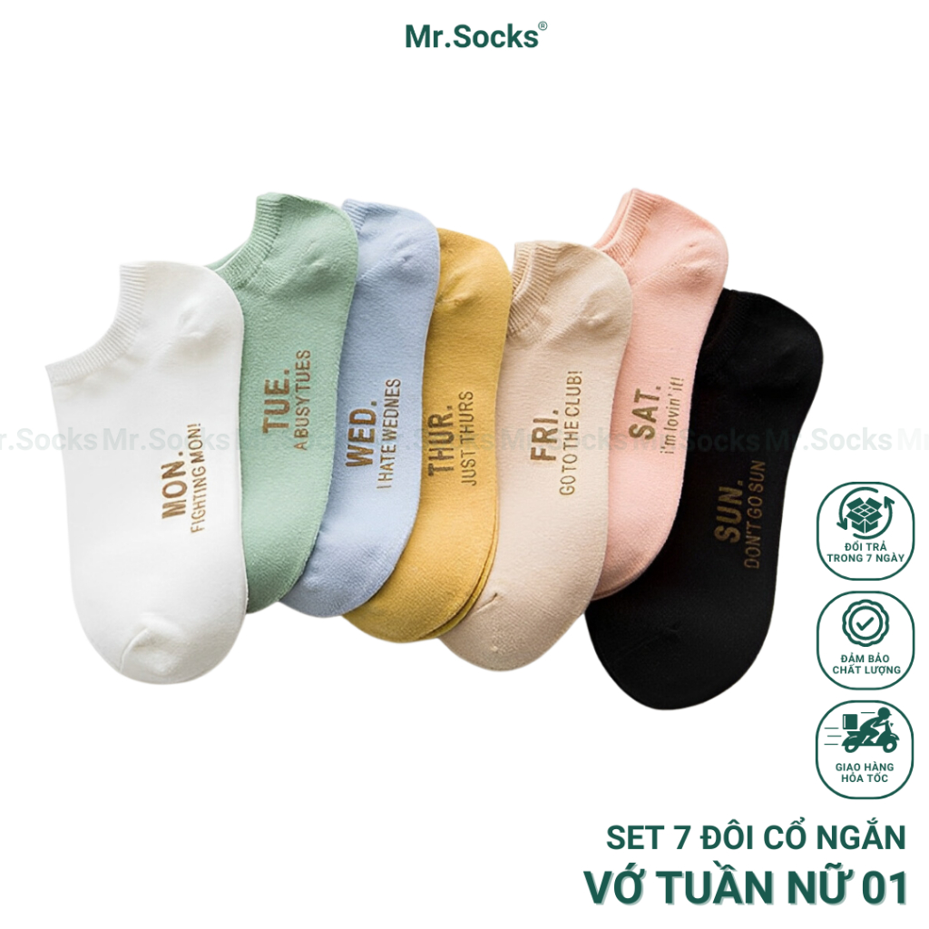 Set 7 đôi tất nữ cổ ngắn Mr.Socks mang cả tuần, chất liệu cotton hút ẩm tốt khử mùi kháng khuẩn VOTUAN-NU01