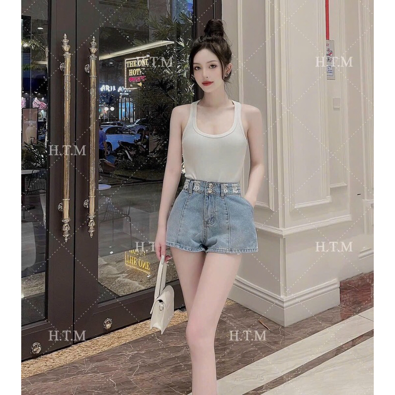 Quần Short Nữ Jean Lưng Cao In Chữ Xinh Xắn