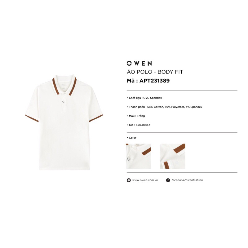 Áo polo owen màu trắng body fit vải cotton APT231389