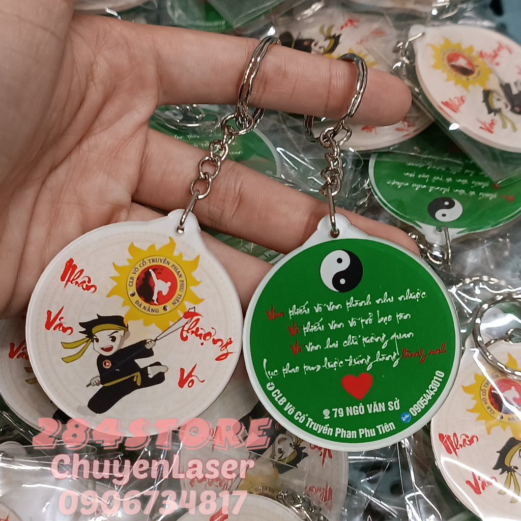 Móc khóa mica in hình , logo - lên file và in theo yêu cầu