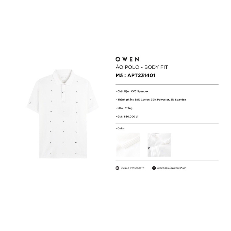 Áo polo owen màu trắng họa tiết body fit vải cotton APT231401