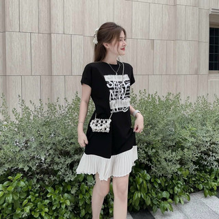 Váy Suông Phối Gấu Lụa  Dập Ly In Chữ Ngắn Tay Đầm Phông Nữ Dáng Thụng Rộng Freesize