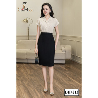 Đầm công sở CITI MODE FASHION thiết kế dáng ôm chấm be cổ bẻ đính cúc phối chân váy đen DH4213