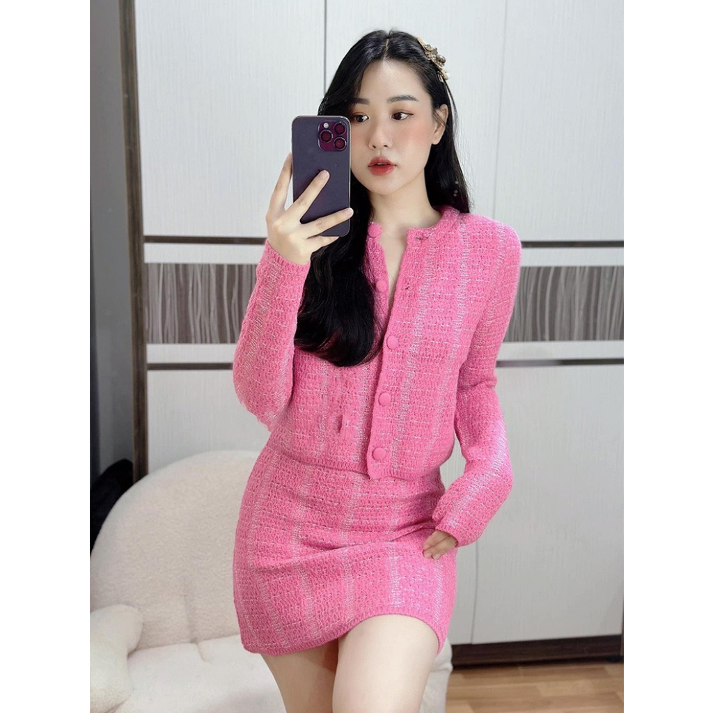 Set váy len xuất dư ZR cho nữ, Set len nữ màu hồng -Tinahouse.2021