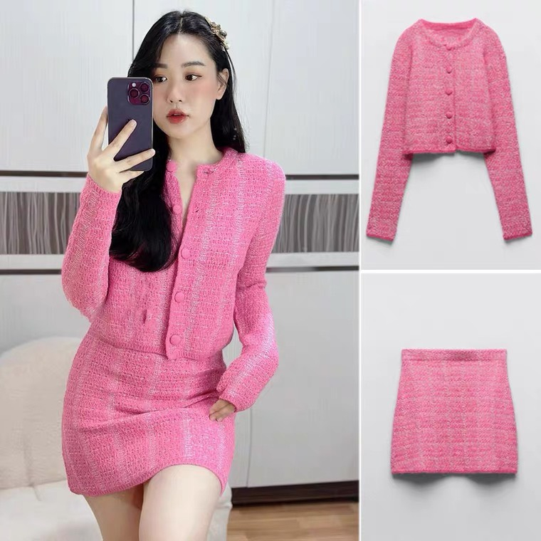 Set váy len xuất dư ZR cho nữ, Set len nữ màu hồng -Tinahouse.2021