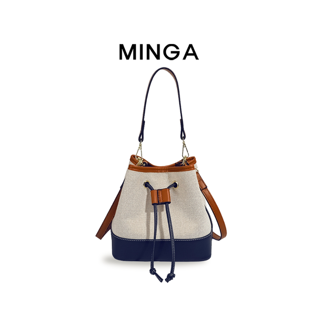 Túi Đeo Chéo MINGA Vải Canvas Phối Màu Be Xanh Nổi Bật Miệng Túi Dây Rút Xách Tay Sang Trọng Đi Làm Đi Chơi 9532 B-27