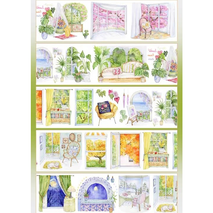 Băng keo dán Washi tape Chủ đề Khung cửa sổ, dùng trang trí sổ, bàn học, sổ tay, chiết theo chu kỳ sản phẩm