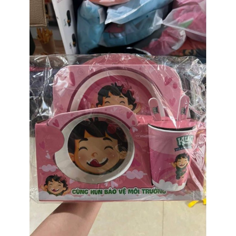 Bộ khay bát ăn dặm sợi tre Kun Màu Xanh