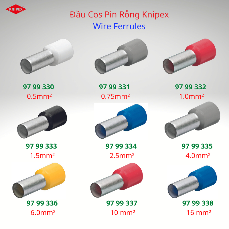 Đầu Bấm Cos Pin Rỗng Knipex Wire Ferrules 0.5 - 16mm² 97 99 330/ 331/ 332/ 334/ 335/ 336/ 337/ 338 - Sản xuất tại Đức