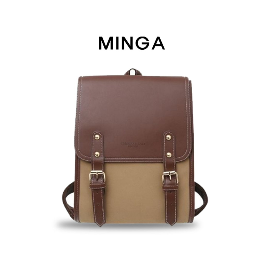 Ba Lô da PU cao cấp MINGA form to cứng cáp dáng hộp phối màu vintage Hàn Quốc phong cách học sinh đi học đi làm 5037