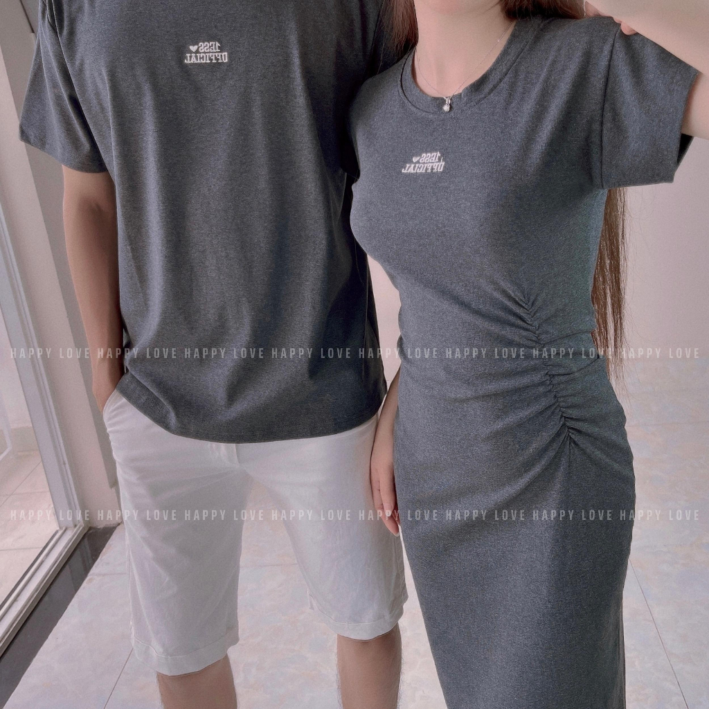 Đồ đôi nam nữ set couple áo nam đầm nữ body dáng dài màu ghi đậm thêu chữ cao cấp Quảng Châu HAPPYLOVE H114