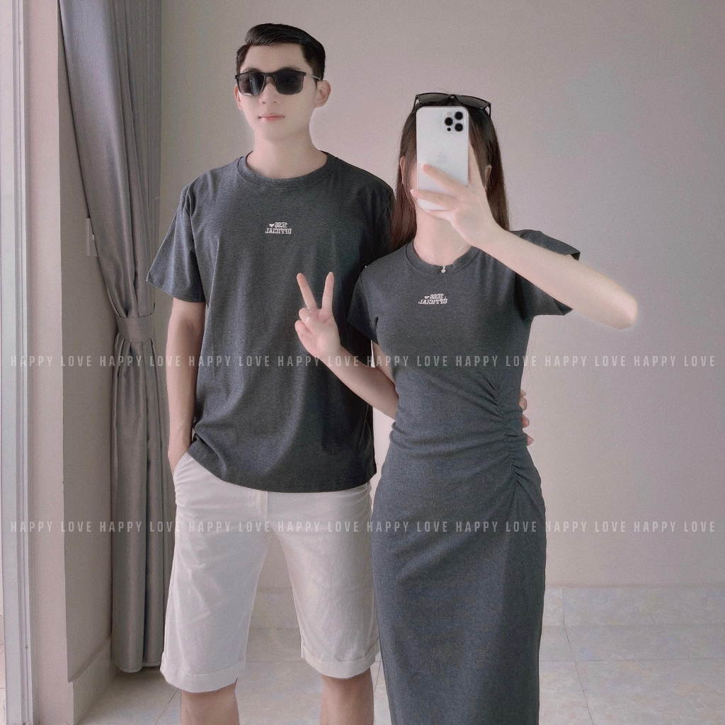 Đồ đôi nam nữ set couple áo nam đầm nữ body dáng dài màu ghi đậm thêu chữ cao cấp Quảng Châu HAPPYLOVE H114