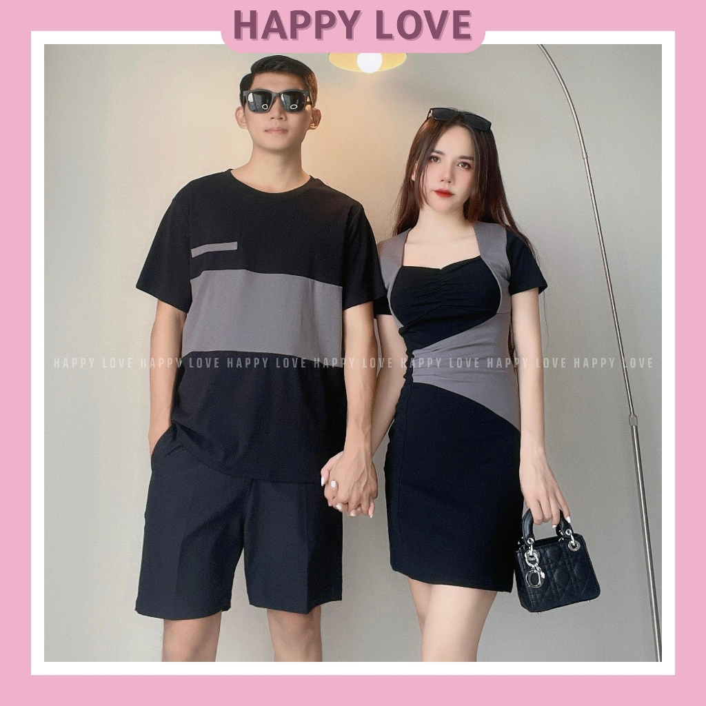 Đồ cặp nam nữ couple set áo nam váy nữ mùa hè đi chơi đi tiệc ôm body màu đen phối màu thời trang HAPPYLOVE H094