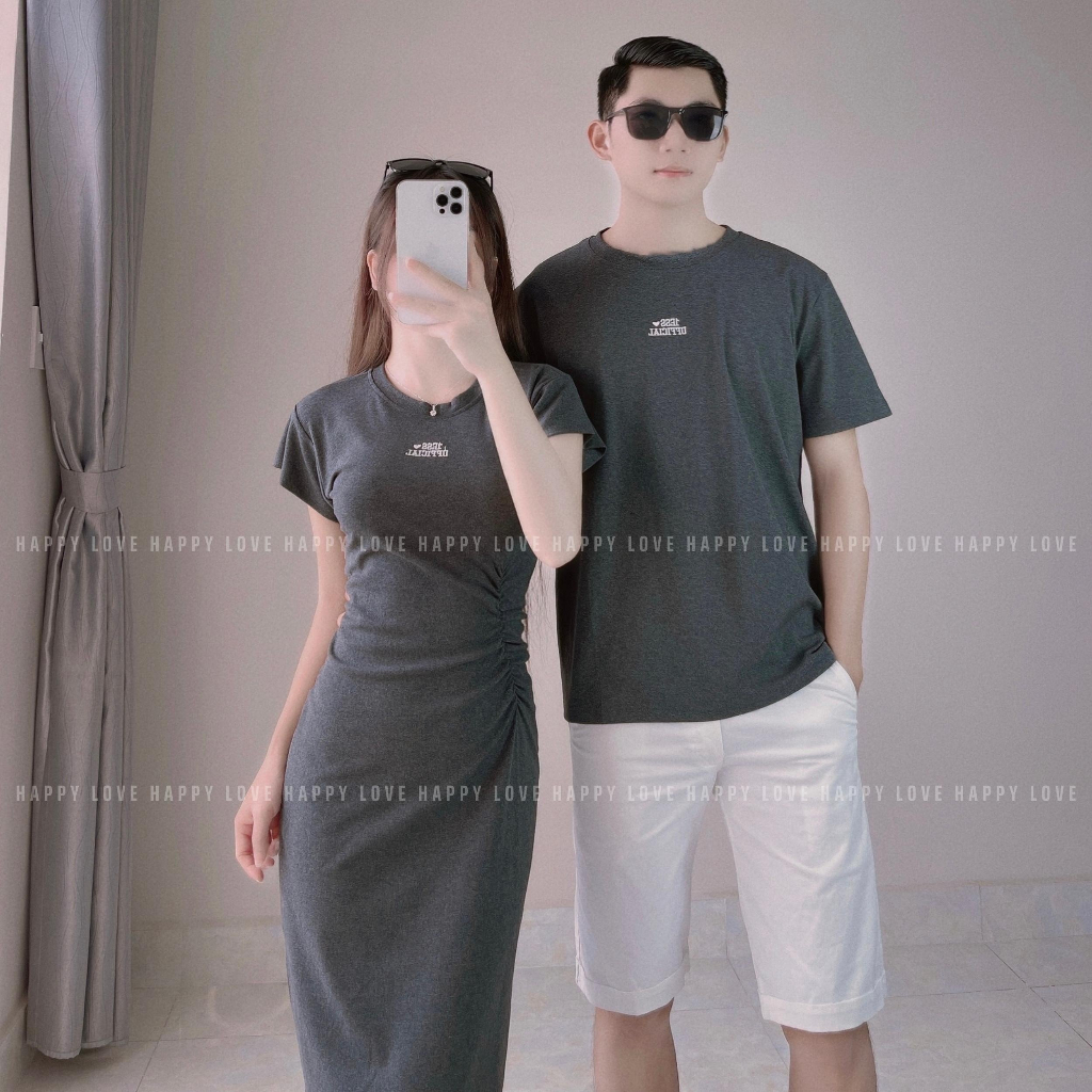 Đồ đôi nam nữ set couple áo nam đầm nữ body dáng dài màu ghi đậm thêu chữ cao cấp Quảng Châu HAPPYLOVE H114