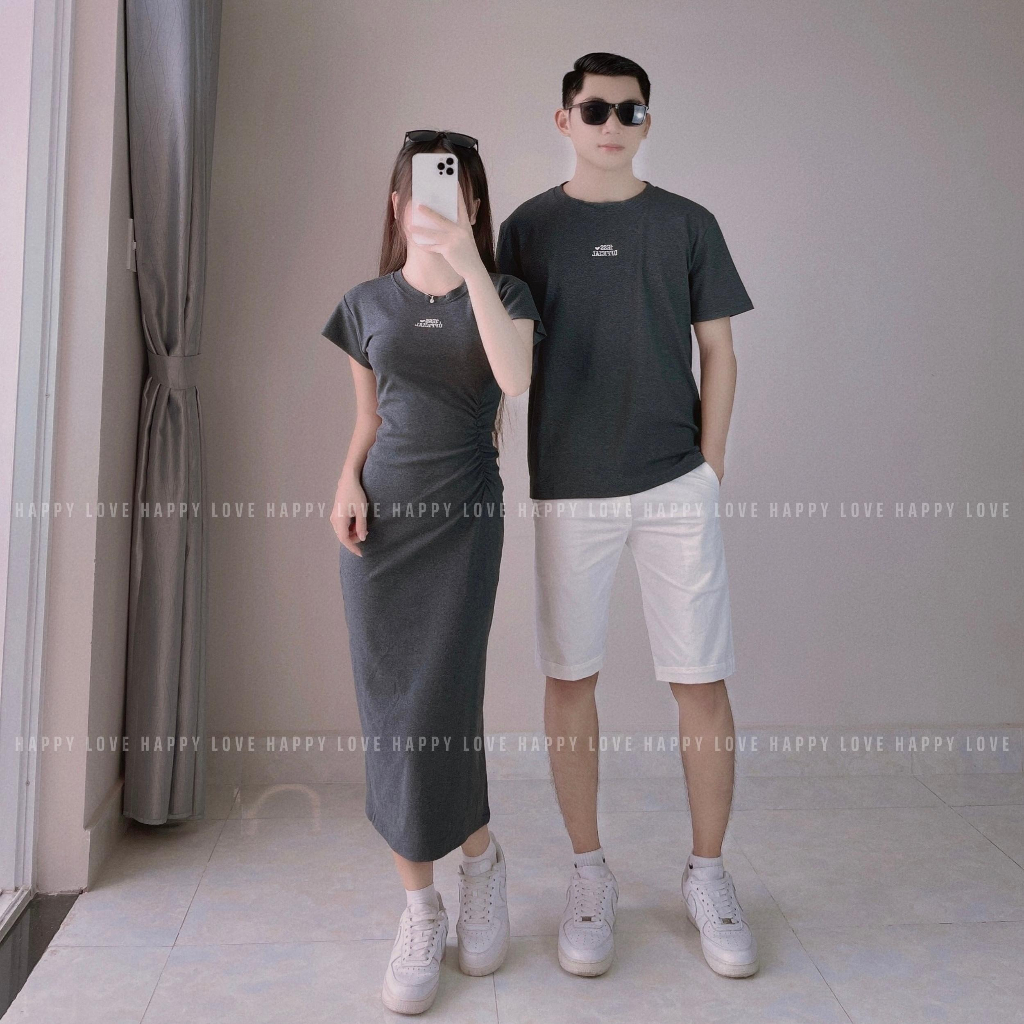 Đồ đôi nam nữ set couple áo nam đầm nữ body dáng dài màu ghi đậm thêu chữ cao cấp Quảng Châu HAPPYLOVE H114