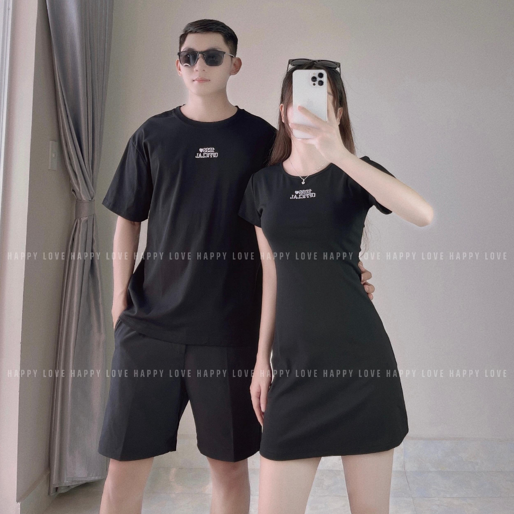 Đồ cặp nam nữ mùa hè Set đồ đôi áo nam váy nữ ôm body màu đen thêu chữ trắng đi chơi đi tiệc HAPPYLOVE H105