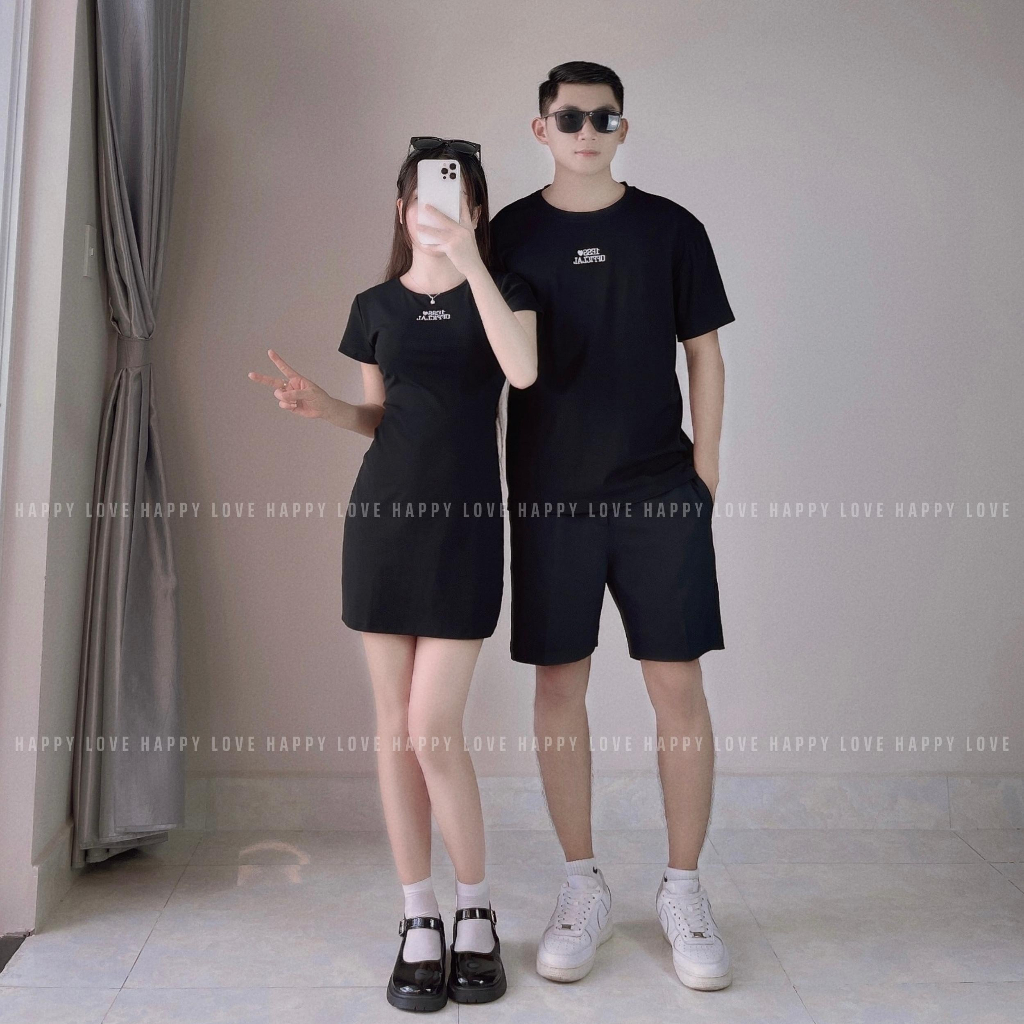 Đồ cặp nam nữ mùa hè Set đồ đôi áo nam váy nữ ôm body màu đen thêu chữ trắng đi chơi đi tiệc HAPPYLOVE H105