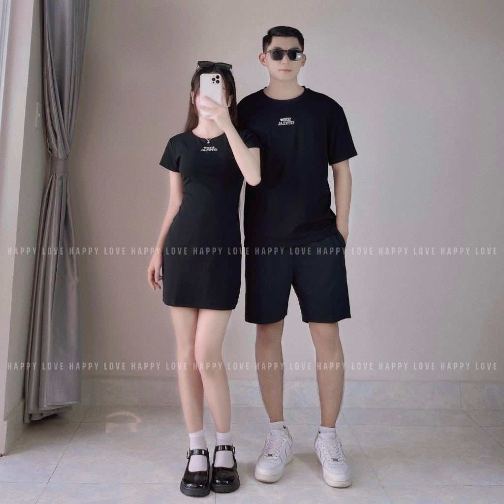 Đồ cặp nam nữ mùa hè Set đồ đôi áo nam váy nữ ôm body màu đen thêu chữ trắng đi chơi đi tiệc HAPPYLOVE H105