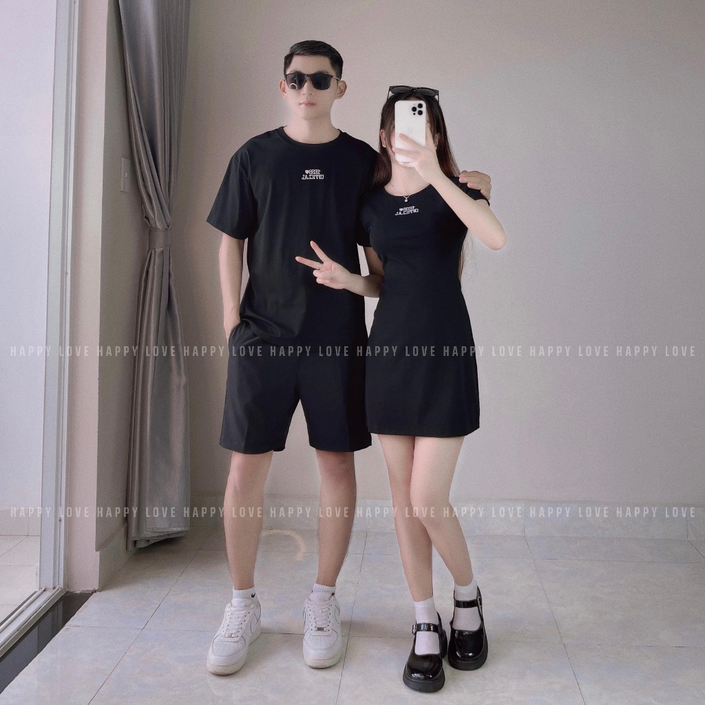 Đồ cặp nam nữ mùa hè Set đồ đôi áo nam váy nữ ôm body màu đen thêu chữ trắng đi chơi đi tiệc HAPPYLOVE H105