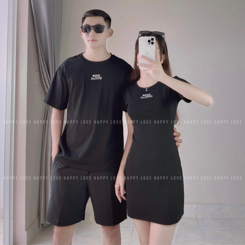 Đồ cặp nam nữ mùa hè Set đồ đôi áo nam váy nữ ôm body màu đen thêu chữ trắng đi chơi đi tiệc HAPPYLOVE H105