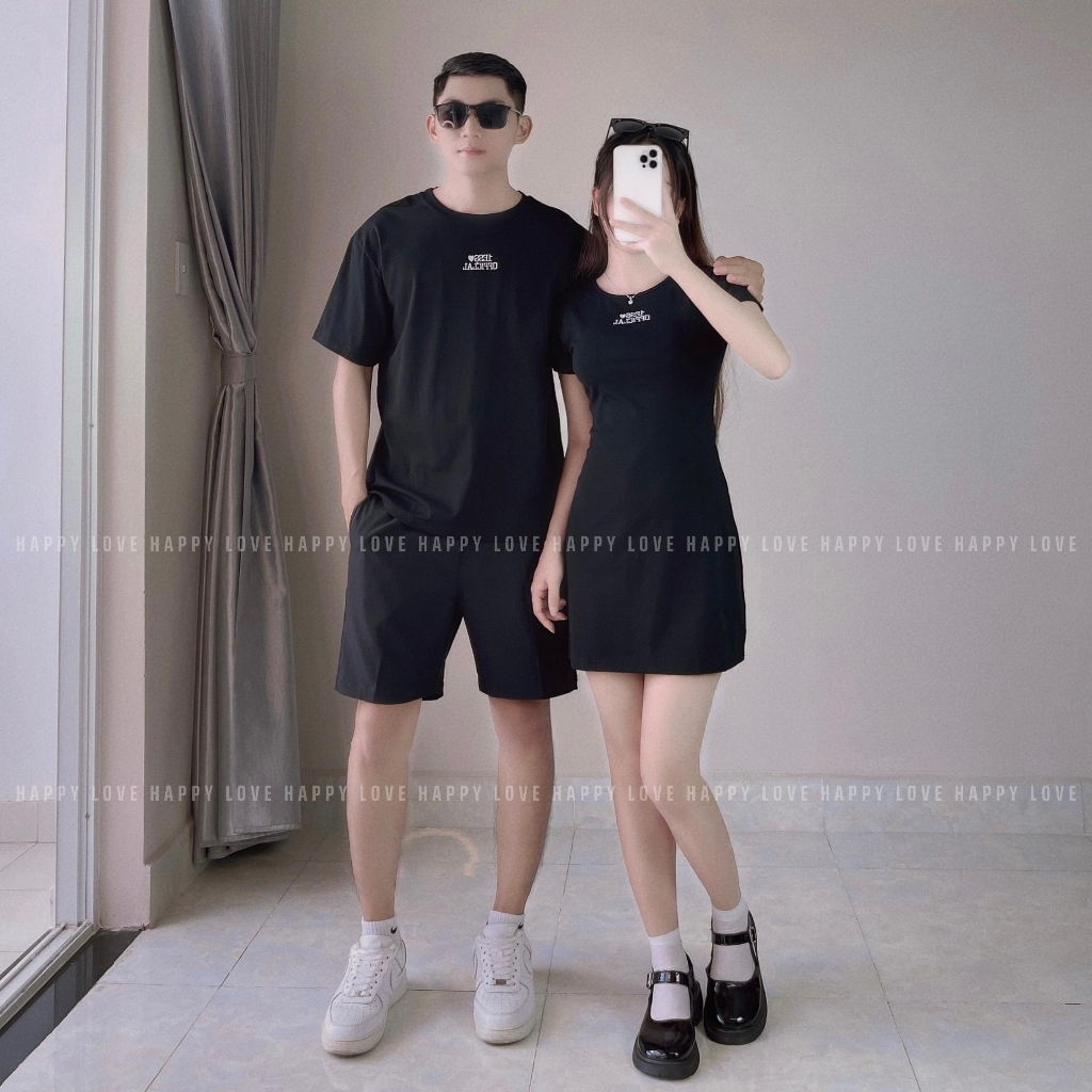 Đồ cặp nam nữ mùa hè Set đồ đôi áo nam váy nữ ôm body màu đen thêu chữ trắng đi chơi đi tiệc HAPPYLOVE H105