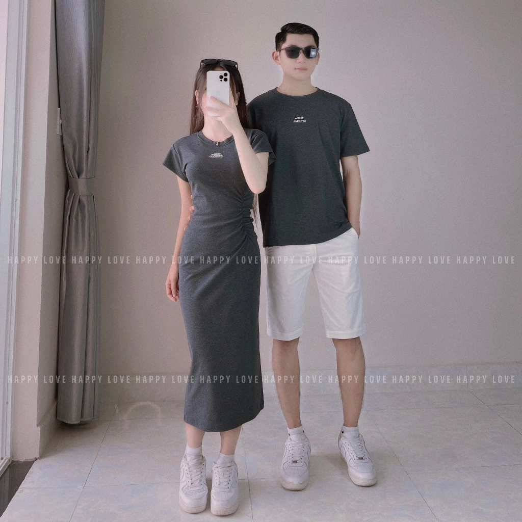 Đồ đôi nam nữ set couple áo nam đầm nữ body dáng dài màu ghi đậm thêu chữ cao cấp Quảng Châu HAPPYLOVE H114