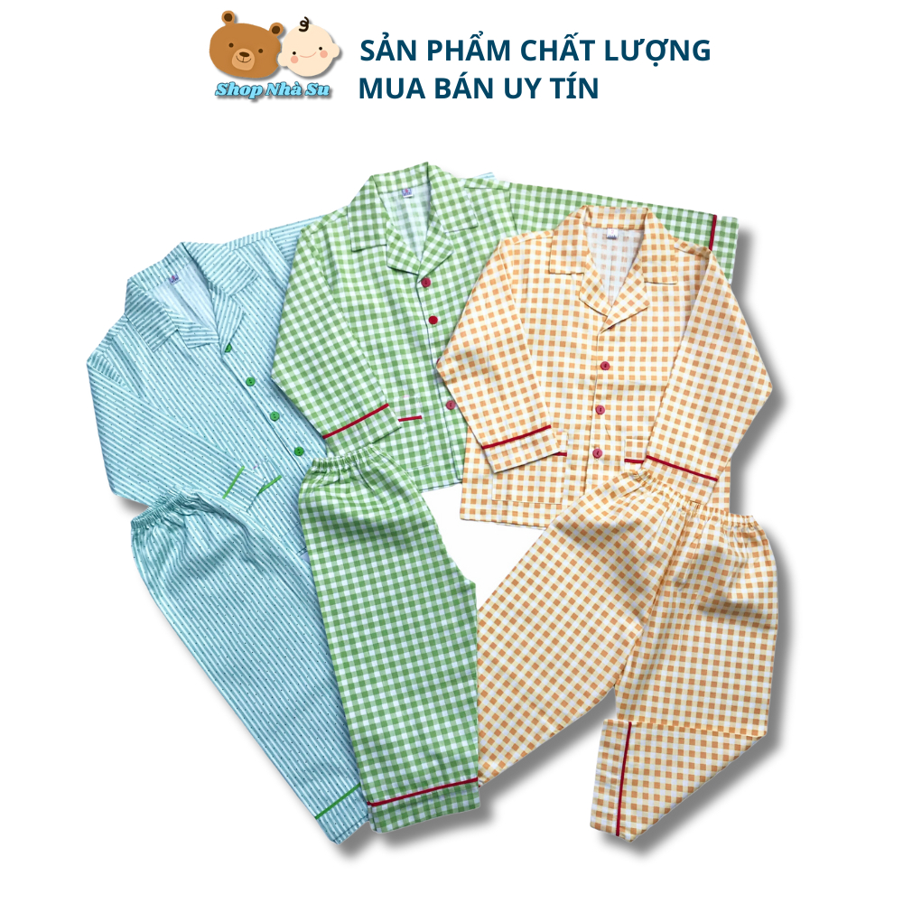 Pijama bộ đồ ngủ dài cho bé trai bé gái vải Thô cotton mịn đẹp hút mồ hôi Sọc caro nhiều mẫu size 1-9 tuổi 10-40kg