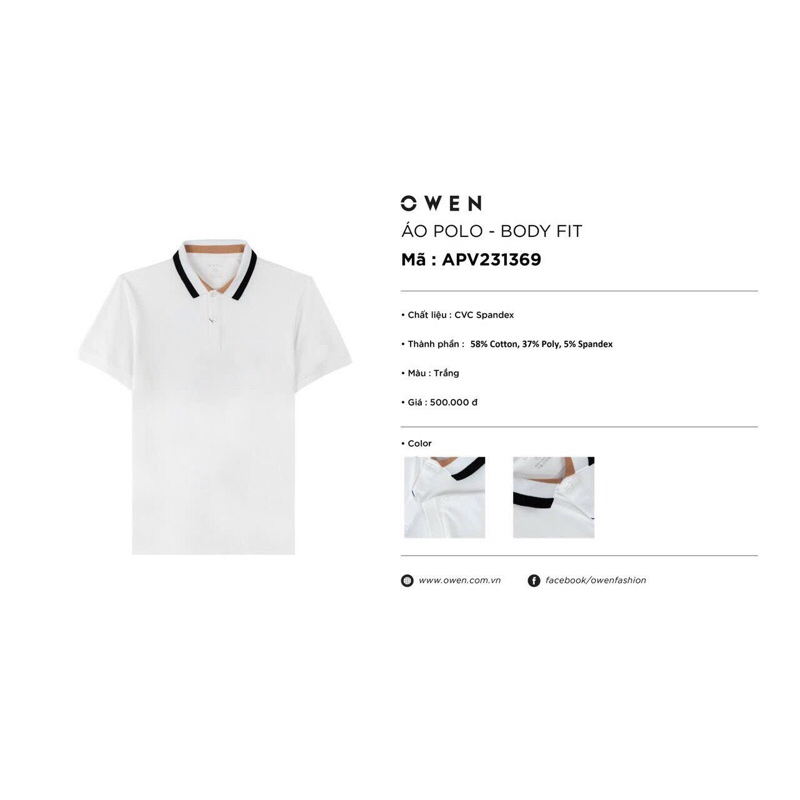 Áo polo owen màu trắng body fit vải cotton APV231369