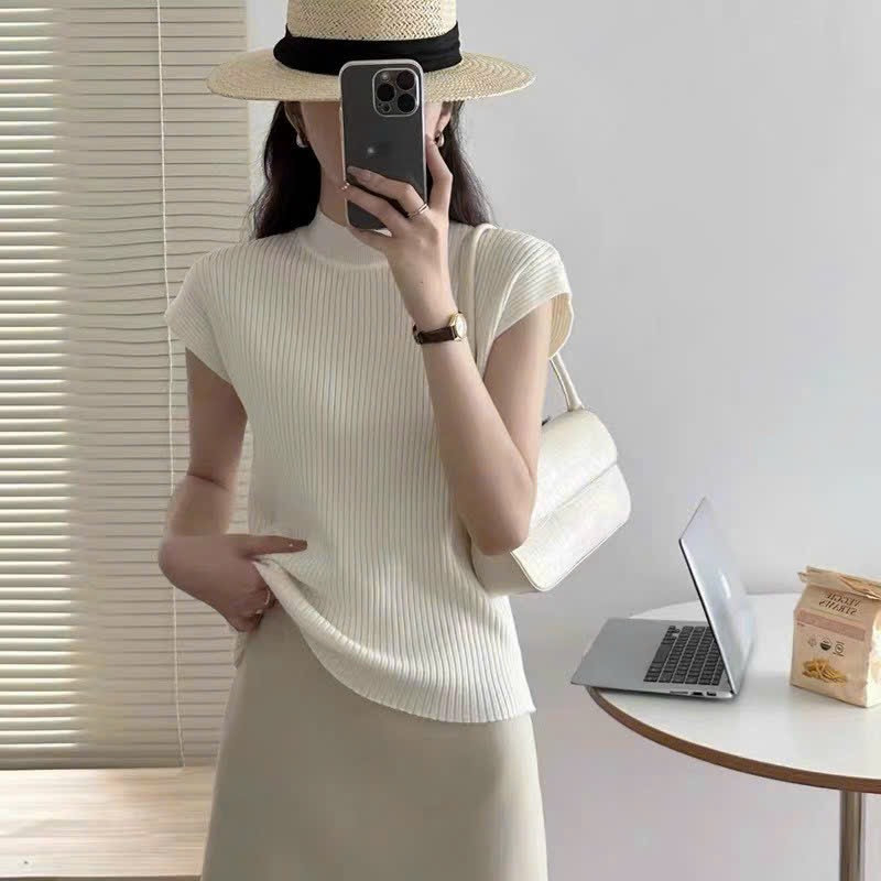 Áo len tăm nhỏ cổ 3p vai rơi gân dọc dáng basic