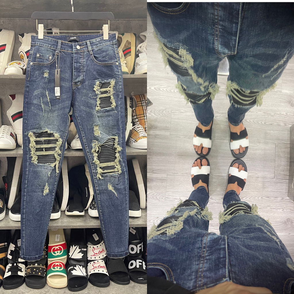 Quần jean bò nam Amiri slimfit xanh thẫm rách xù viền vá da nhăn đen đùi gối 4 cúc cài cực đẹp QJ287P