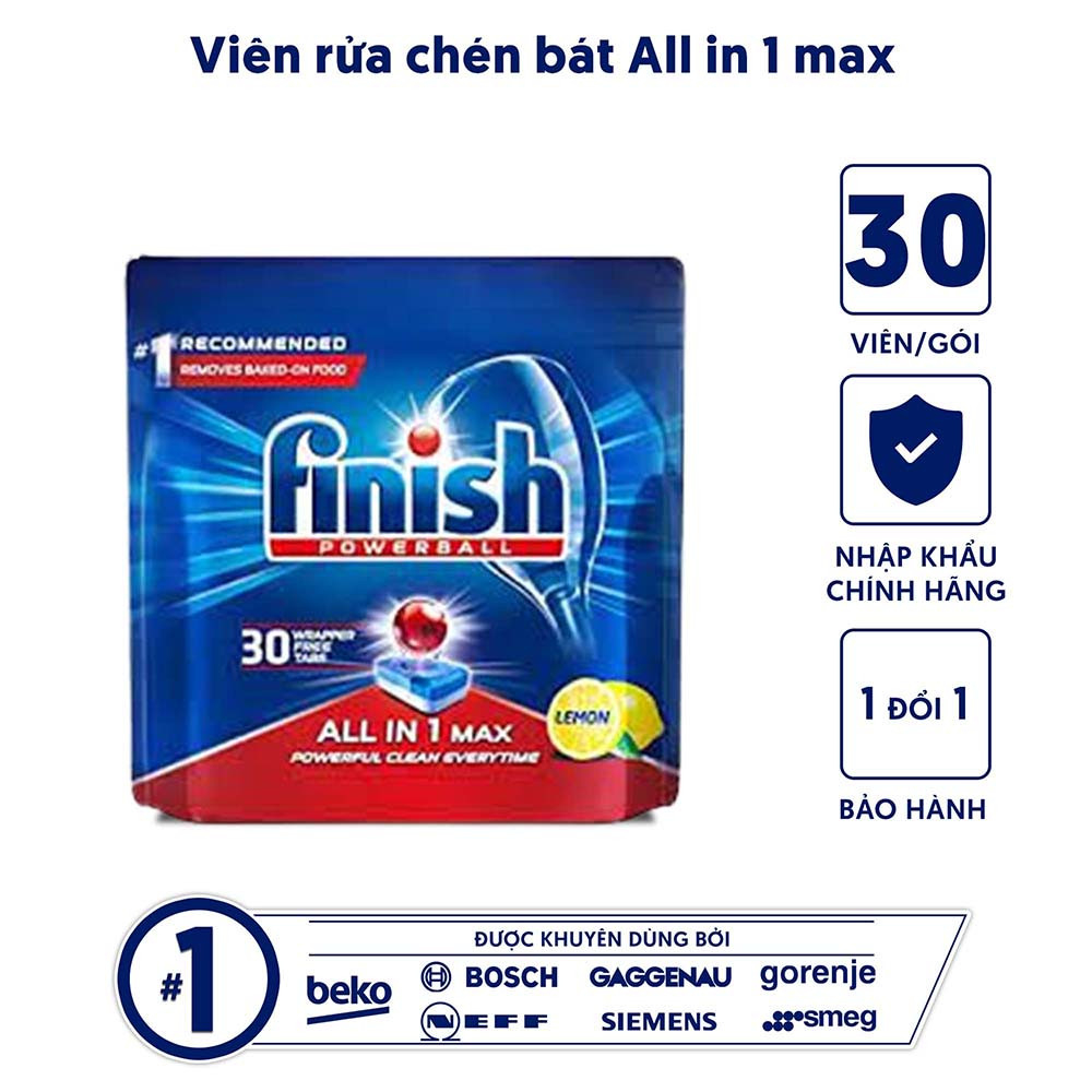 Viên rửa bát cao cấp Finish all in one max size 30/100v, giúp rửa trôi các vết bẩn cứng đầu và bảo vệ máy