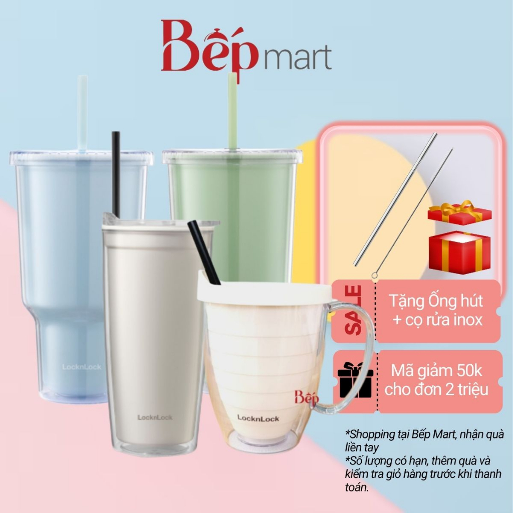 Ly nhựa 2 lớp cách nhiệt LocknLock Double Wall Cold Cup 350ml-1000ml- kèm ống hút- bepmart - Hàng chính hãng lock&lock