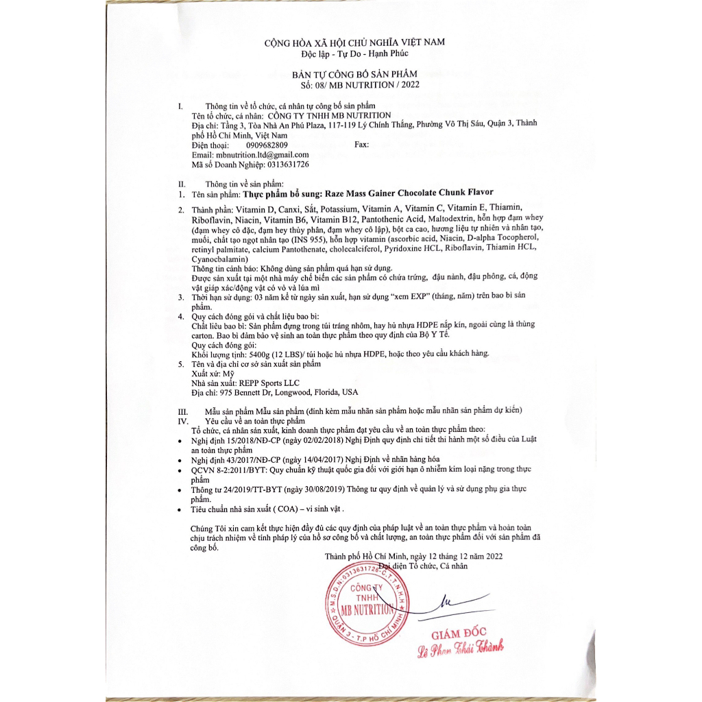 RAZE MASS 5.4kg - Sữa tăng cân, tăng cơ cho người gầy, siêu gầy, bổ sung Calo cao whey Protein, BCAA, EAA