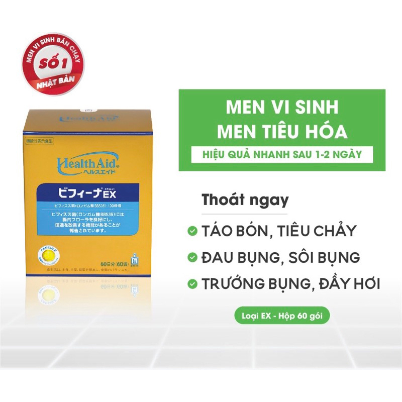 Men Vi Sinh Bifina Ex Health Aid Giảm Rối Loạn Nhiễm Khuẩn Đường Ruột Hộp 30 & 60 Gói