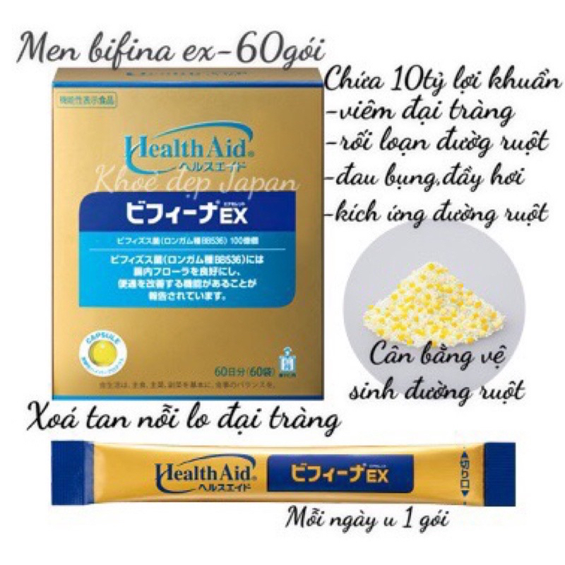 Men Vi Sinh Bifina Ex Health Aid Giảm Rối Loạn Nhiễm Khuẩn Đường Ruột Hộp 30 & 60 Gói