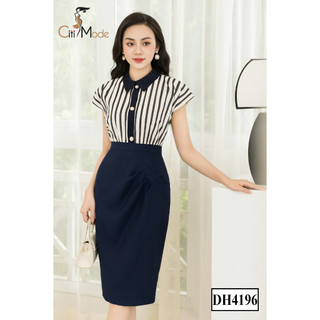 Đầm công sở CITI MODE FASHION thiết kế dáng ôm kẻ xanh navy phối chân váy 1 màu DH4196