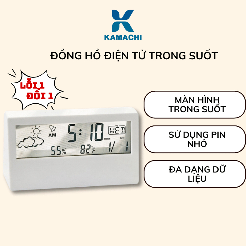 Đồng hồ điện tử để bàn dela dễ thương, trong suốt màn hình LED, hiển thị thời gian nhiệt độ thời tiết - DHL04