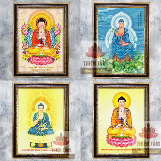 (NHIỀU MẪU) Tranh Dược Sư Lưu Ly Phật treo tường 36x48cm bằng vải phủ bóng, khung composite xịn xò