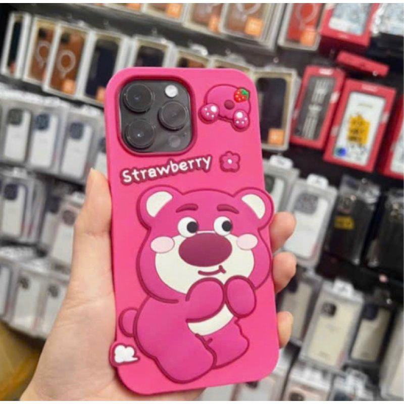 Ốp lưng silicon hồng hình gấu dâu cho iPhone 14 Pro max/ 13 Pro max/ 12 Pro max/ 11 Pro max/11/ Xs Max 7plus/ 8 plus/6