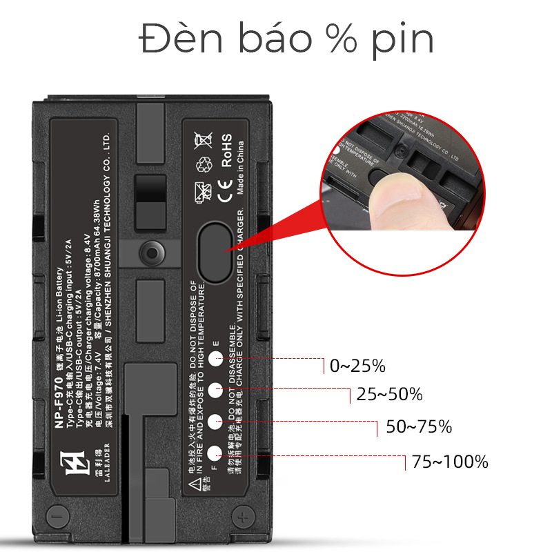 Pin NP-F970 6600mAh tích hợp sạc TypeC cho đèn Led