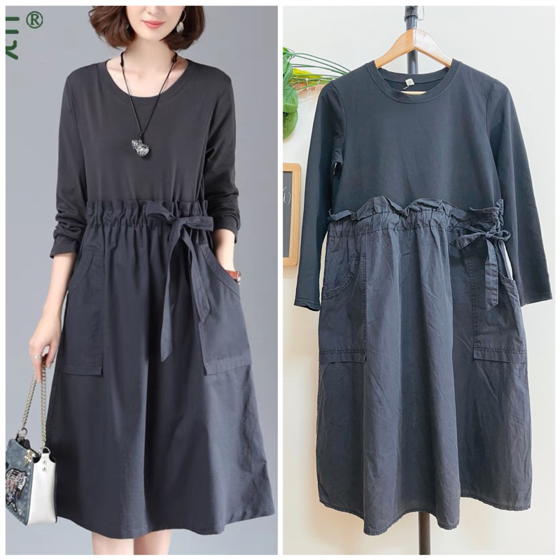 Đầm Dáng Dài, Thun Phối, Rút Eo, 2hand