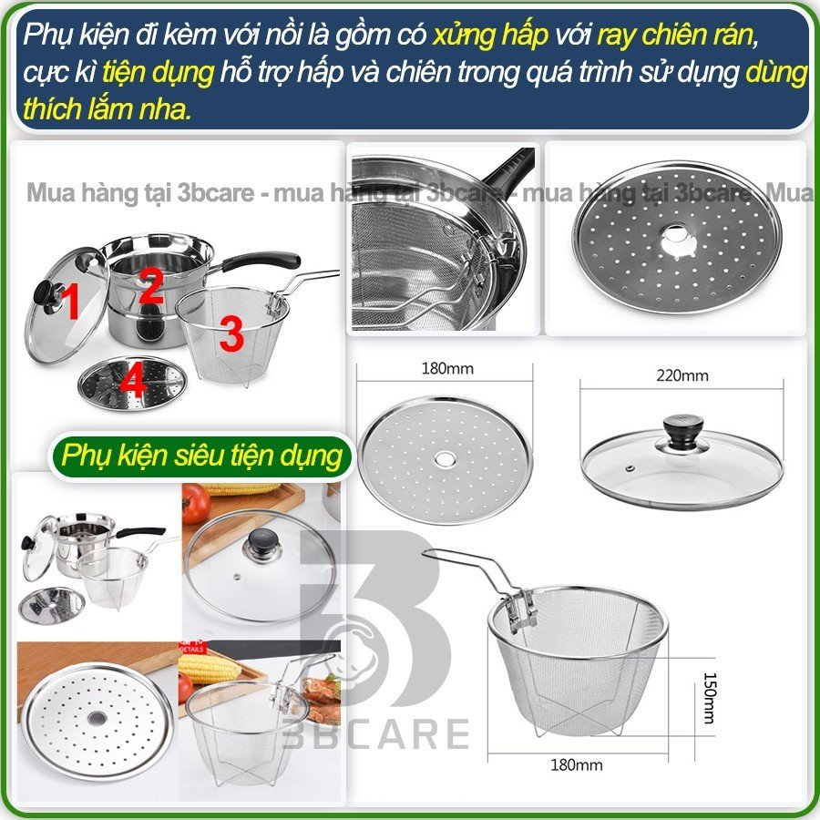 Nồi chiên ngập dầu ACHITA N21 11l kèm xửng hấp và khay chiên, nồi hấp lòng inox 3 lớp chống ăn mòn  -SHOP 3BCARE