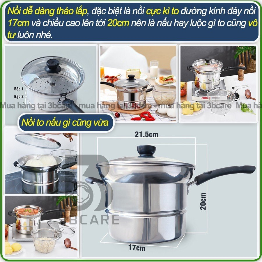 Nồi chiên ngập dầu ACHITA N21 11l kèm xửng hấp và khay chiên, nồi hấp lòng inox 3 lớp chống ăn mòn  -SHOP 3BCARE