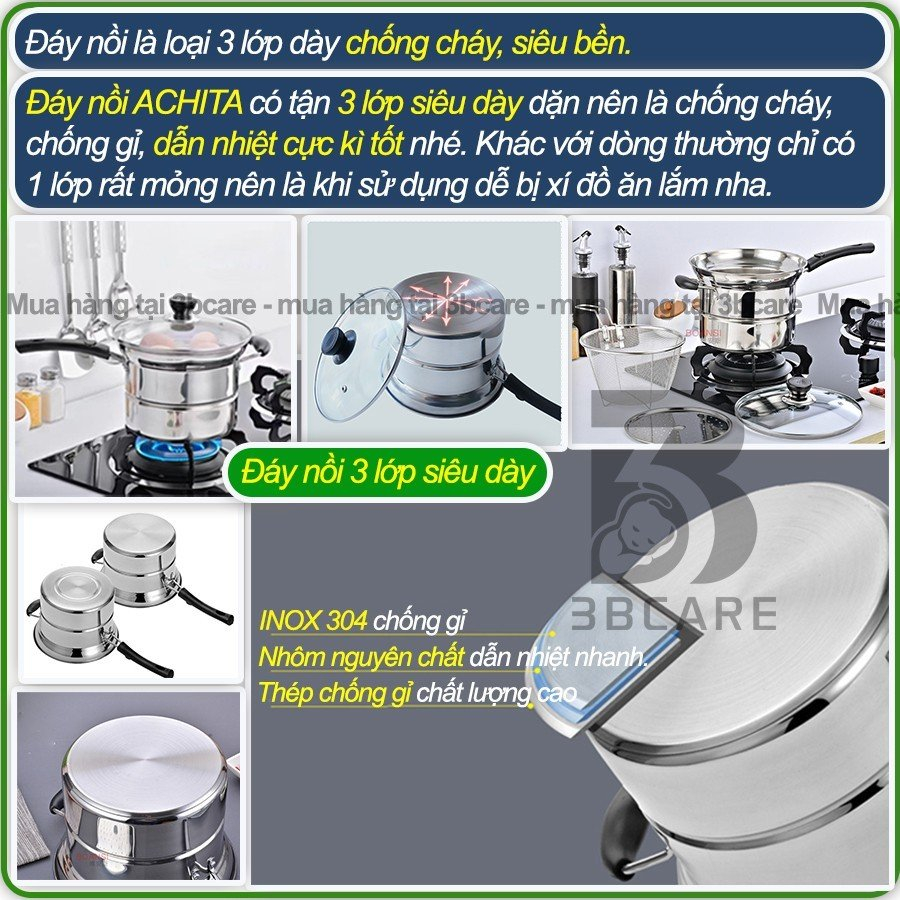Nồi chiên ngập dầu ACHITA N21 11l kèm xửng hấp và khay chiên, nồi hấp lòng inox 3 lớp chống ăn mòn  -SHOP 3BCARE