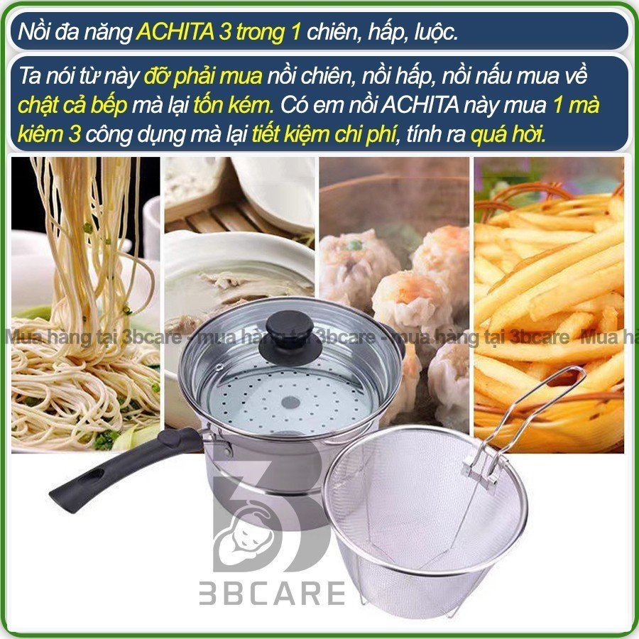 Nồi chiên ngập dầu ACHITA N21 11l kèm xửng hấp và khay chiên, nồi hấp lòng inox 3 lớp chống ăn mòn  -SHOP 3BCARE