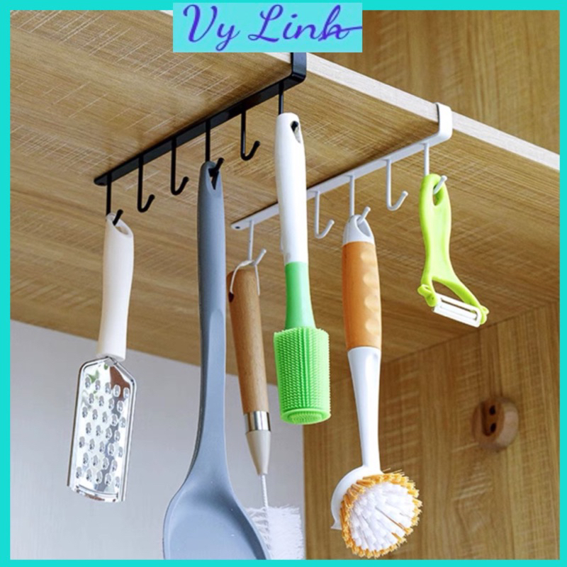 Giá 6 móc treo đồ nhà bếp gắn tủ đa năng bằng thép không ghỉ tiện lợi