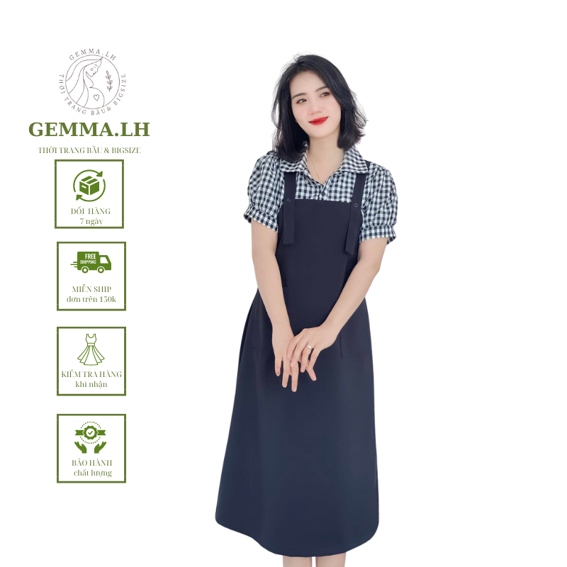 yếm bầu GEMMA.LH đen và xanh đen . phong suông A có túi trước, nút chỉnh eo . size từ 40kg đến 120kg (Y2 yếm lẻ )