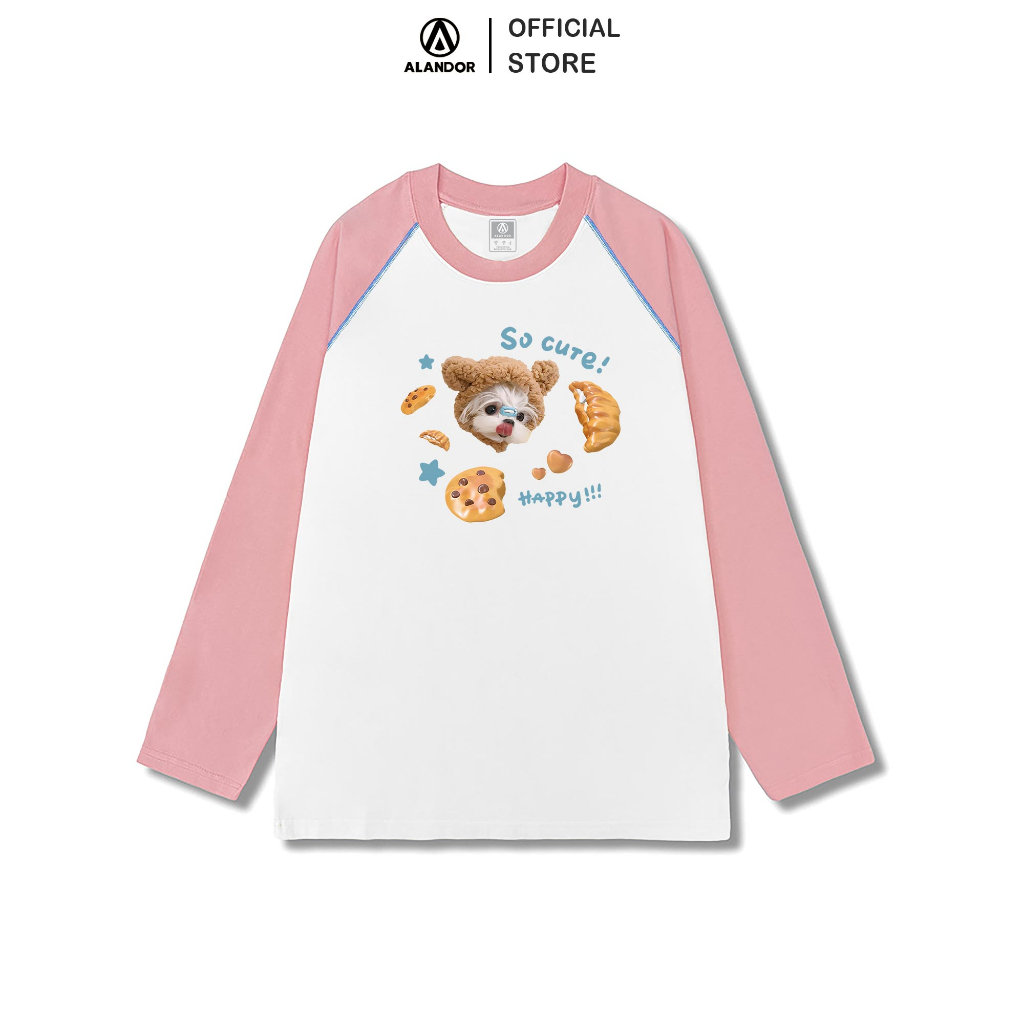 Áo raglan nữ tay dài Alandor form rộng chất cotton 100% co dãn hai chiều kiểu cổ tròn mẫu Cute Happy Dog