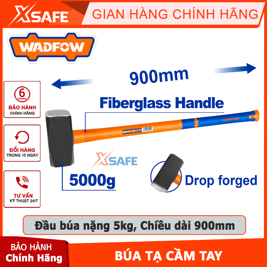 Búa tạ 5kg 900mm WADFOW WHM2350, trọng lượng đầu búa 5kg chất liệu thép carbon 45 # đầu búa được rèn thả chịu nhiệt, Tay
